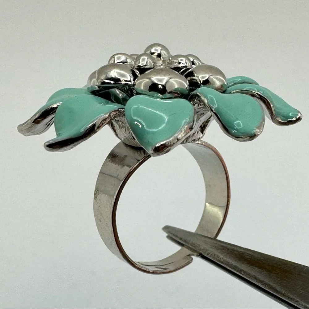Turquoise Enamel Flower Ring Silver Tone Adjustable Statement